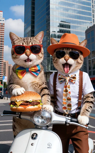 Two Anthropomorphic Cats Riding A Scooter With Burgers