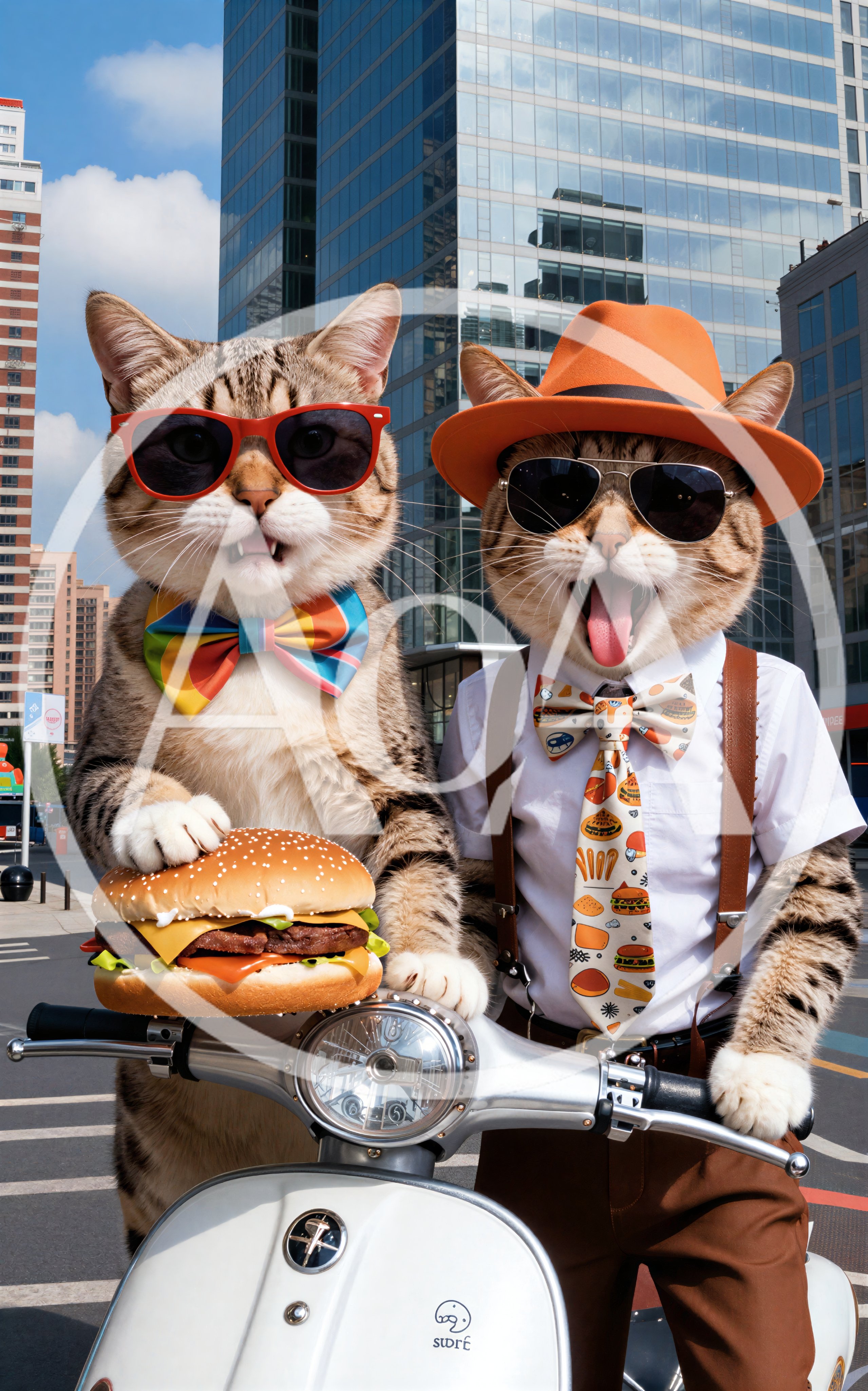 Two Anthropomorphic Cats Riding A Scooter With Burgers