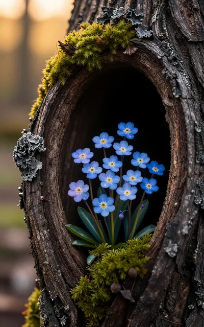 Blue Forget Me Not Flowers Growing Inside Tree Hollow