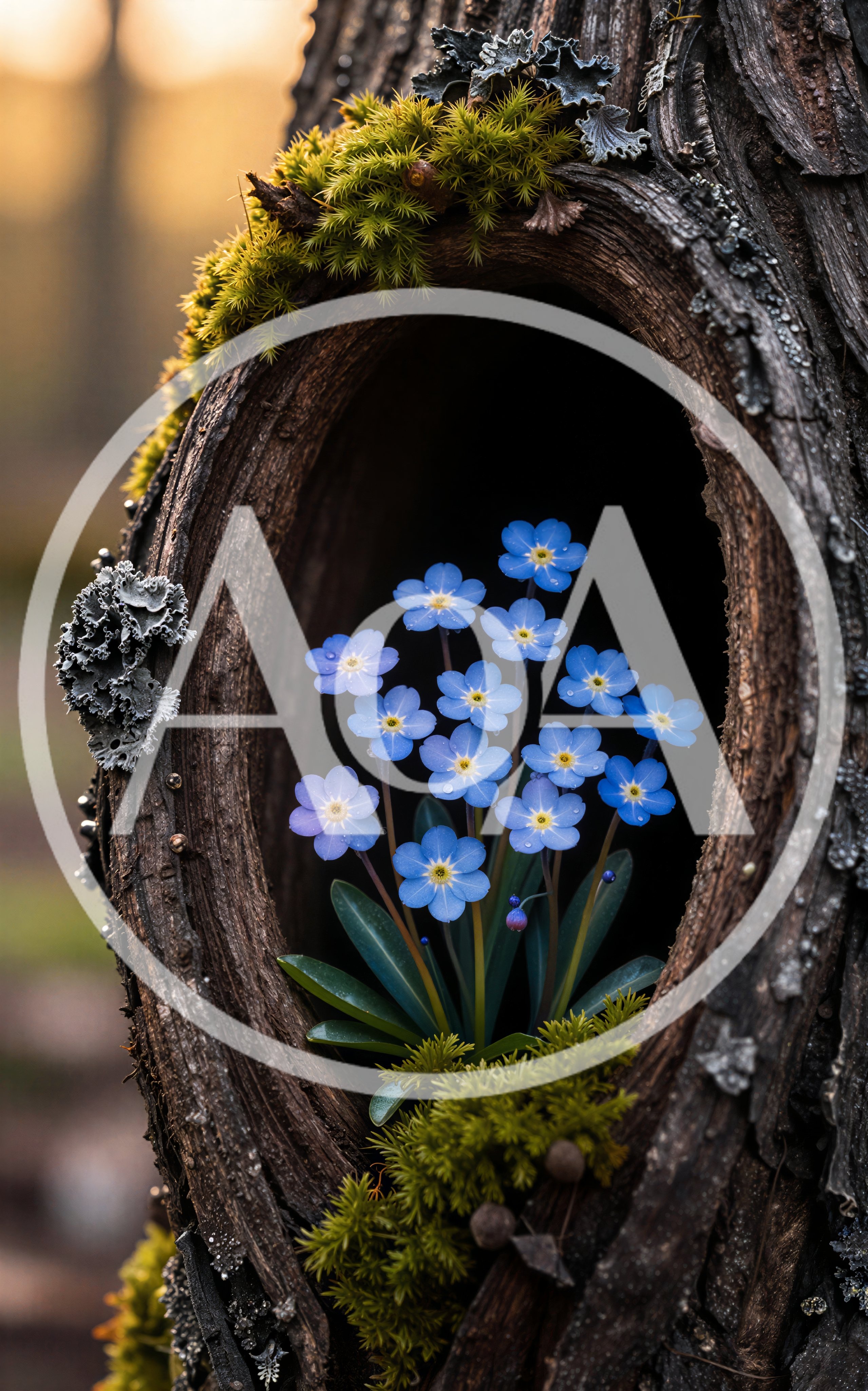 Blue Forget Me Not Flowers Growing Inside Tree Hollow