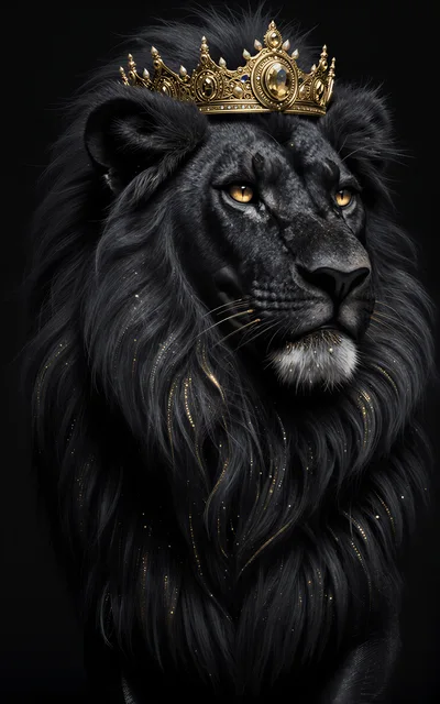 Majestic Black Lion Wearing An Ornate Gold Crown