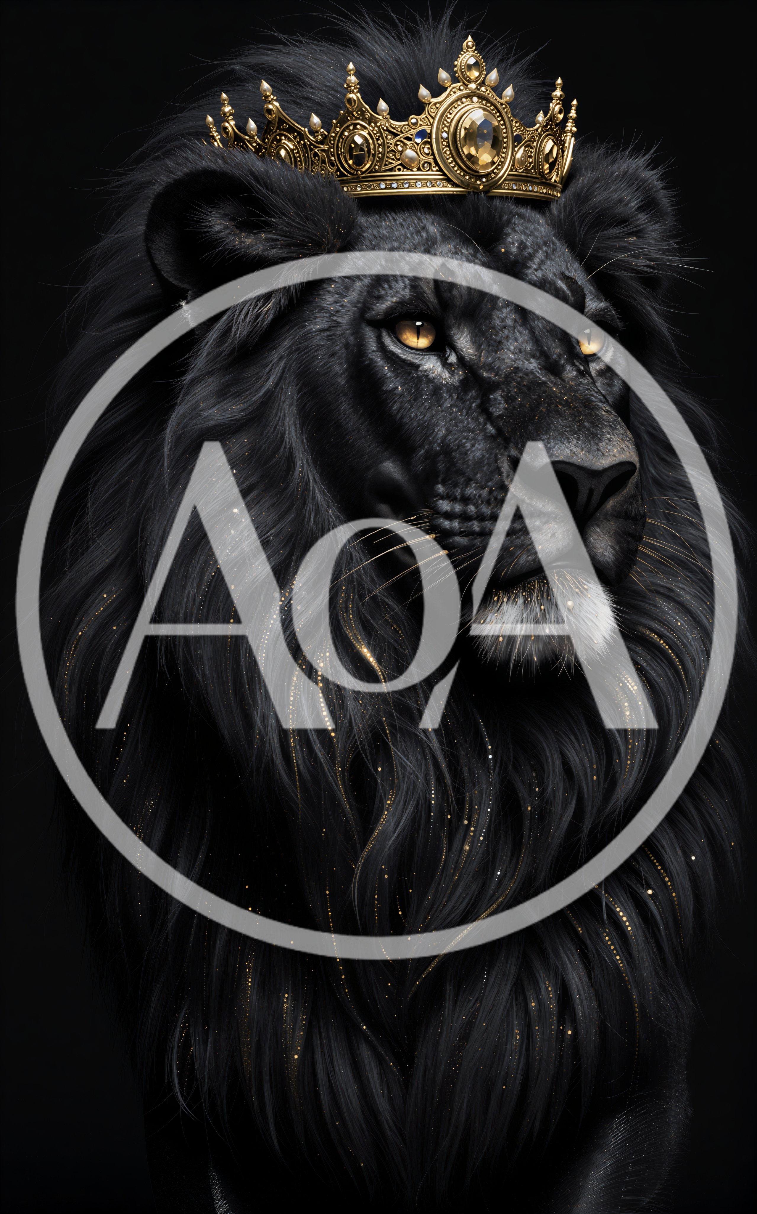 Majestic Black Lion Wearing An Ornate Gold Crown