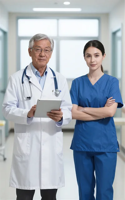 Senior Doctor And Nurse Standing In Hospital Corridor