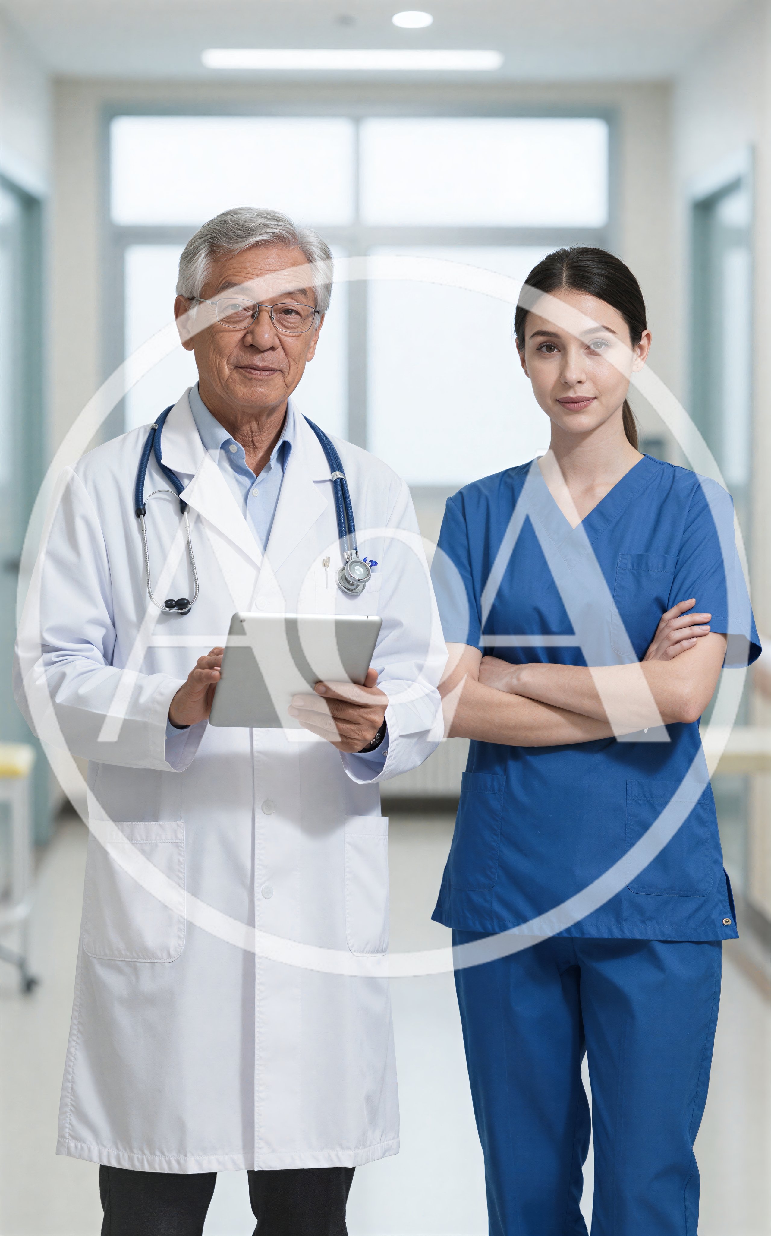 Senior Doctor And Nurse Standing In Hospital Corridor