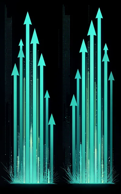 Digital Growth Arrows Rising From Data Cityscape