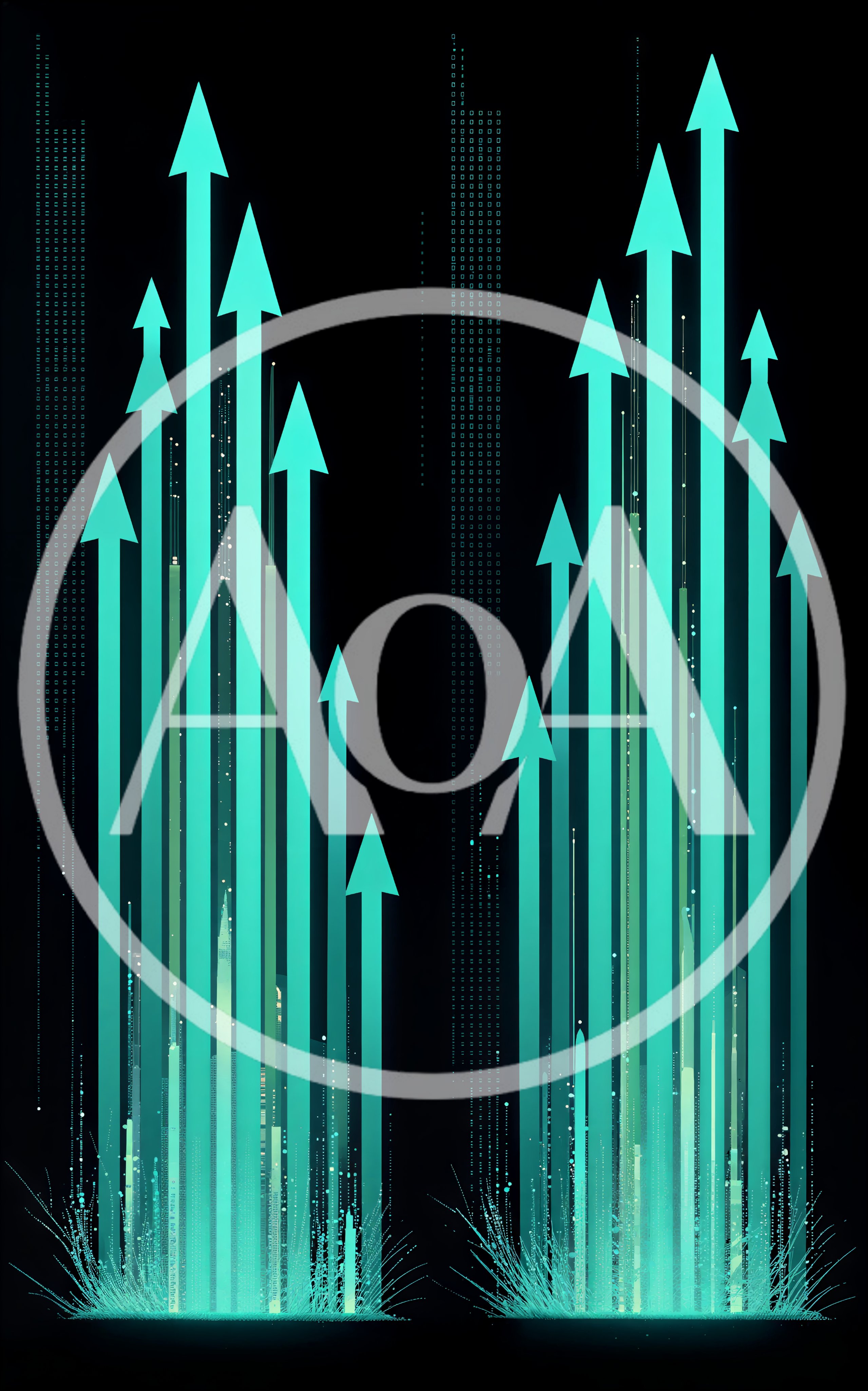 Digital Growth Arrows Rising From Data Cityscape