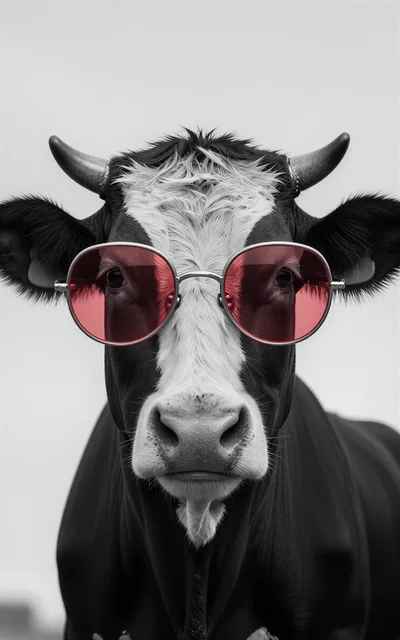 Portrait Of A Cow Wearing Red Tinted Sunglasses