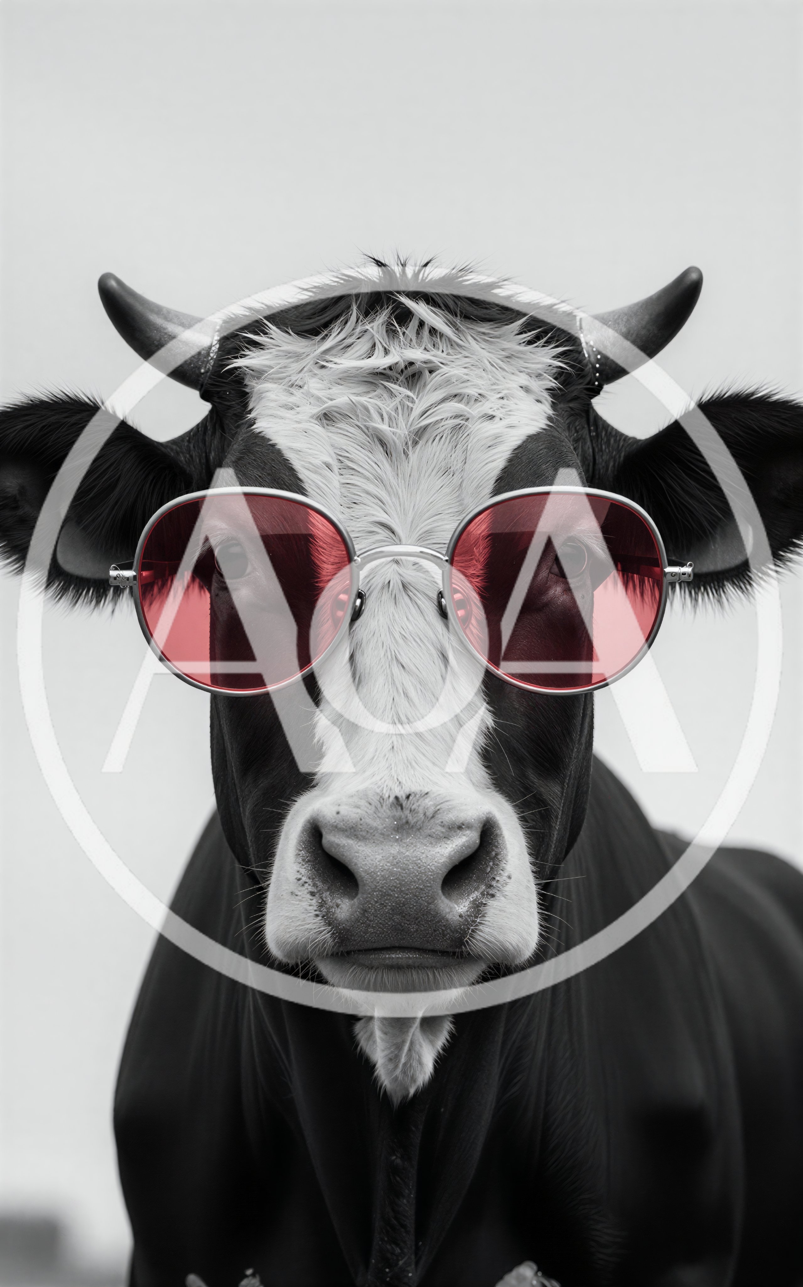 Portrait Of A Cow Wearing Red Tinted Sunglasses
