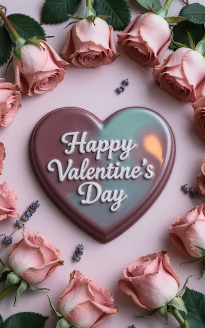 Heart Shaped Valentine Day Sign Surrounded By Pink Roses