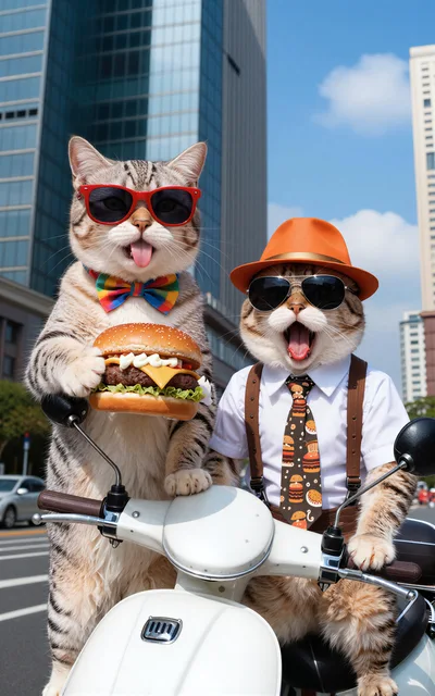 Two Cats Riding A Scooter With Burgers