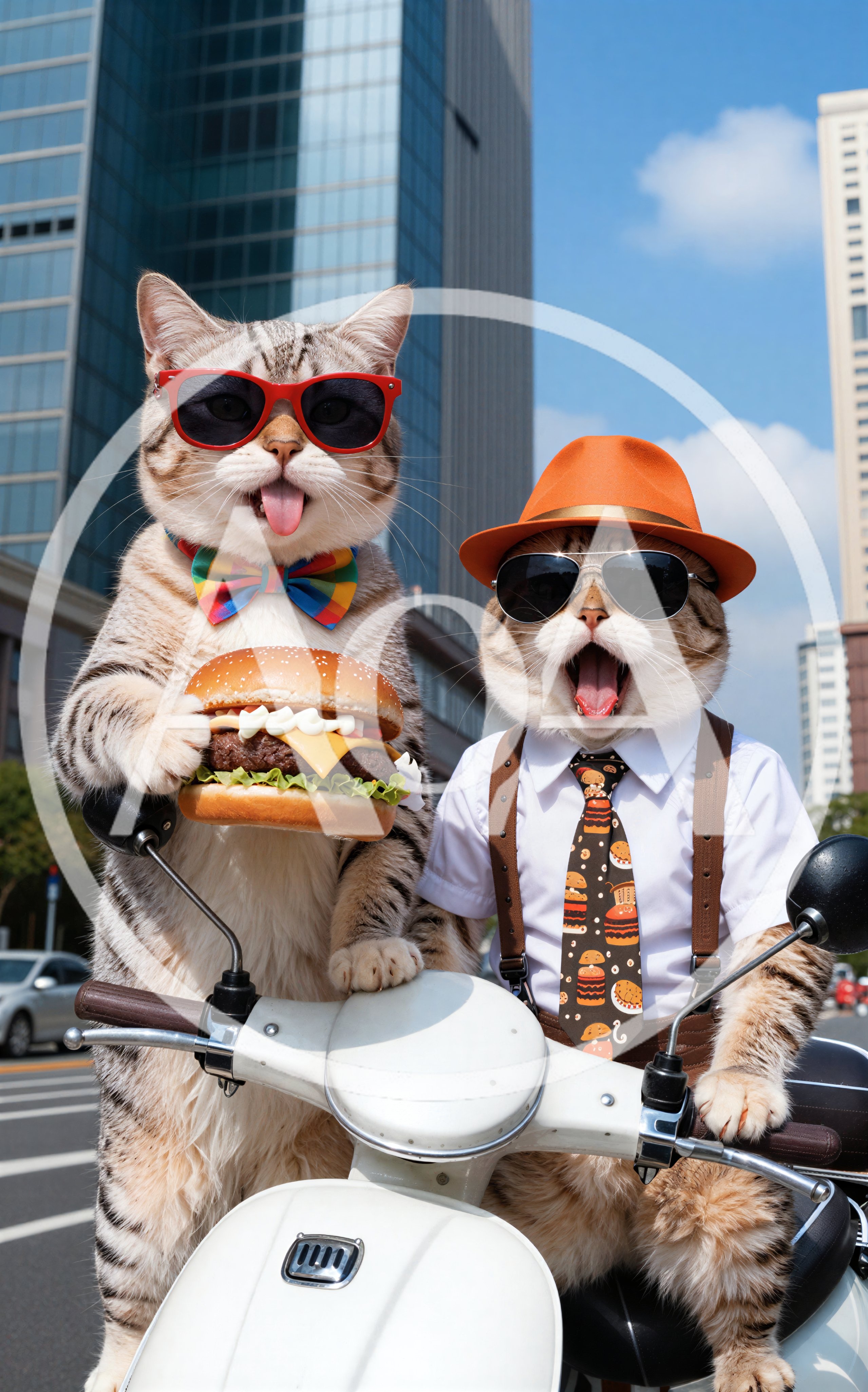 Two Cats Riding A Scooter With Burgers