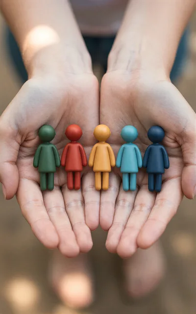 Hands Holding Five Colorful Human Figurines