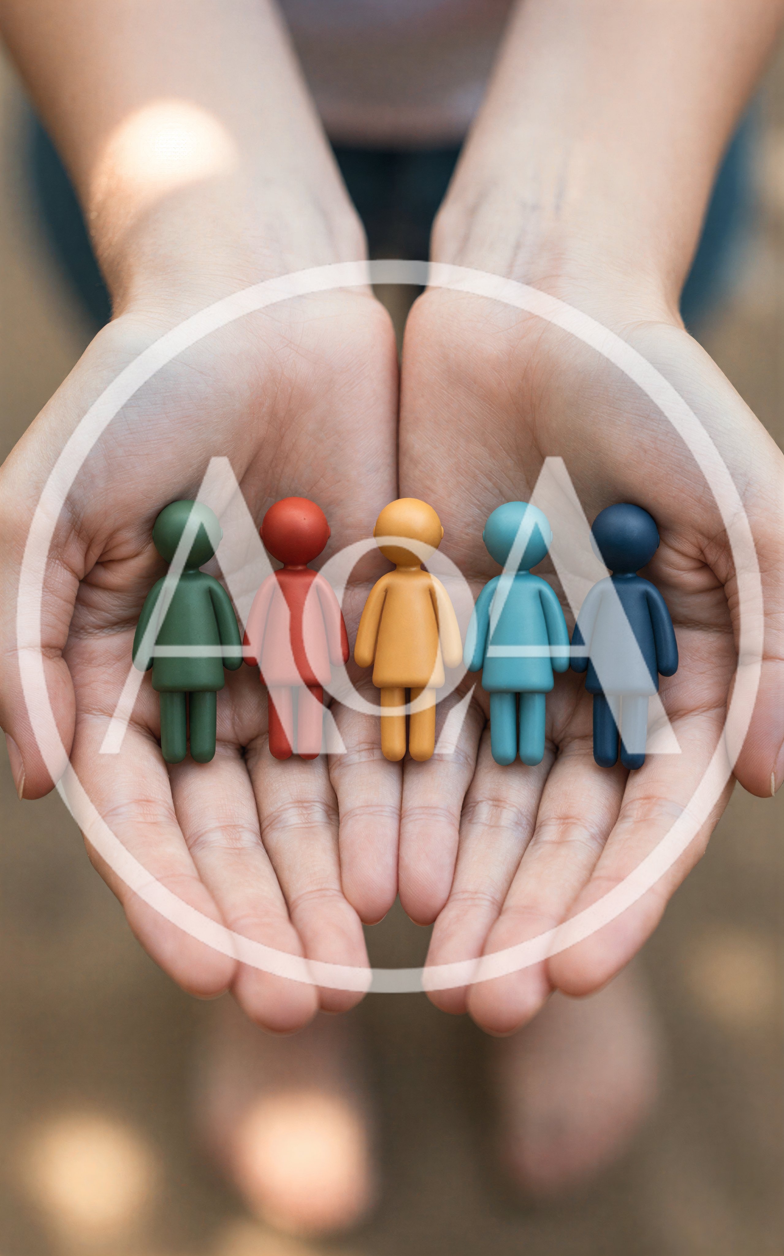 Hands Holding Five Colorful Human Figurines