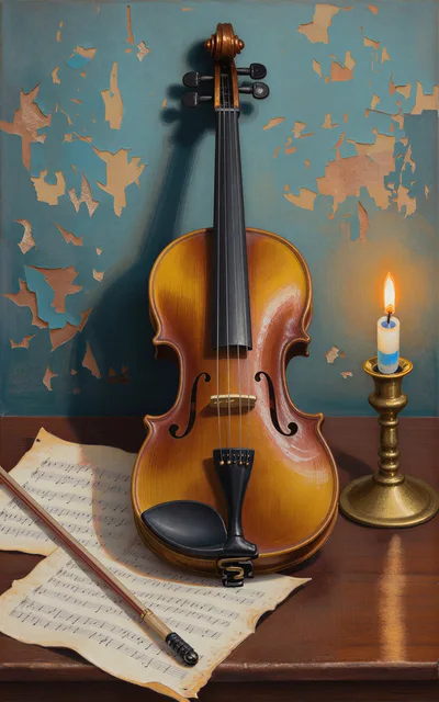 Still Life With Violin Sheet Music And Candle