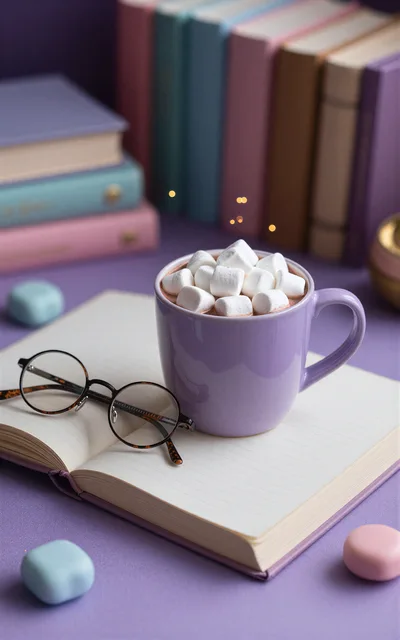 Cozy Reading Setup With Hot Cocoa And Glasses