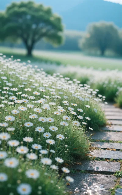 White Daisy Flowers Along A Stone Garden Path