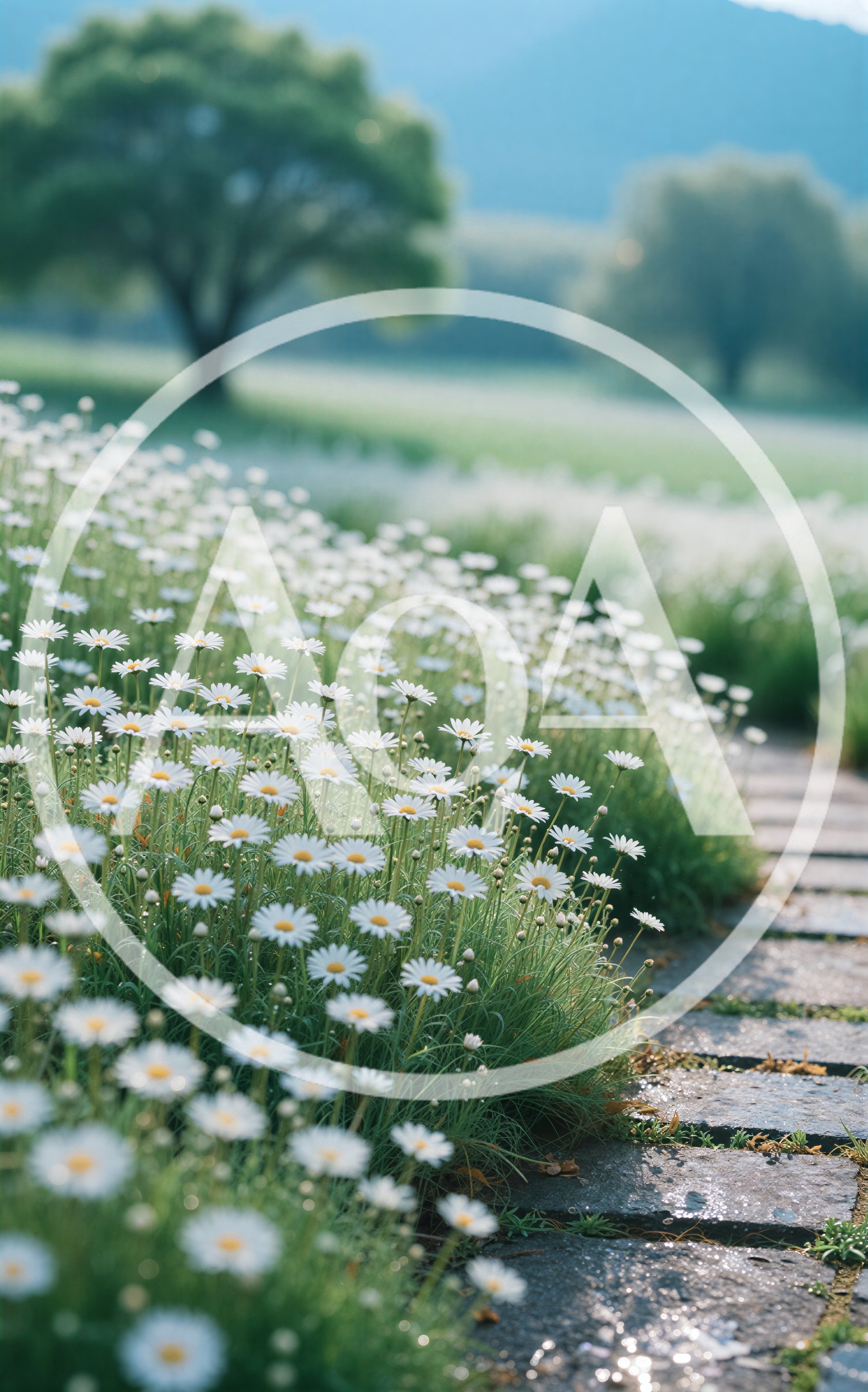 White Daisy Flowers Along A Stone Garden Path