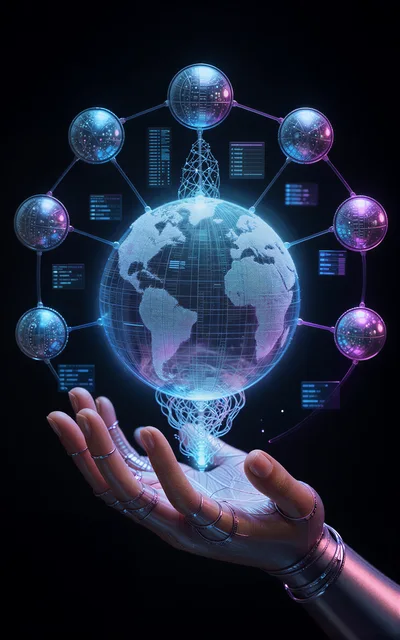 Futuristic Robotic Hand Holding Digital Holographic Earth