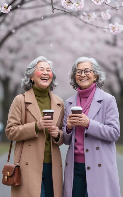 Two Senior Women Enjoying Coffee Under Cherry Blossoms