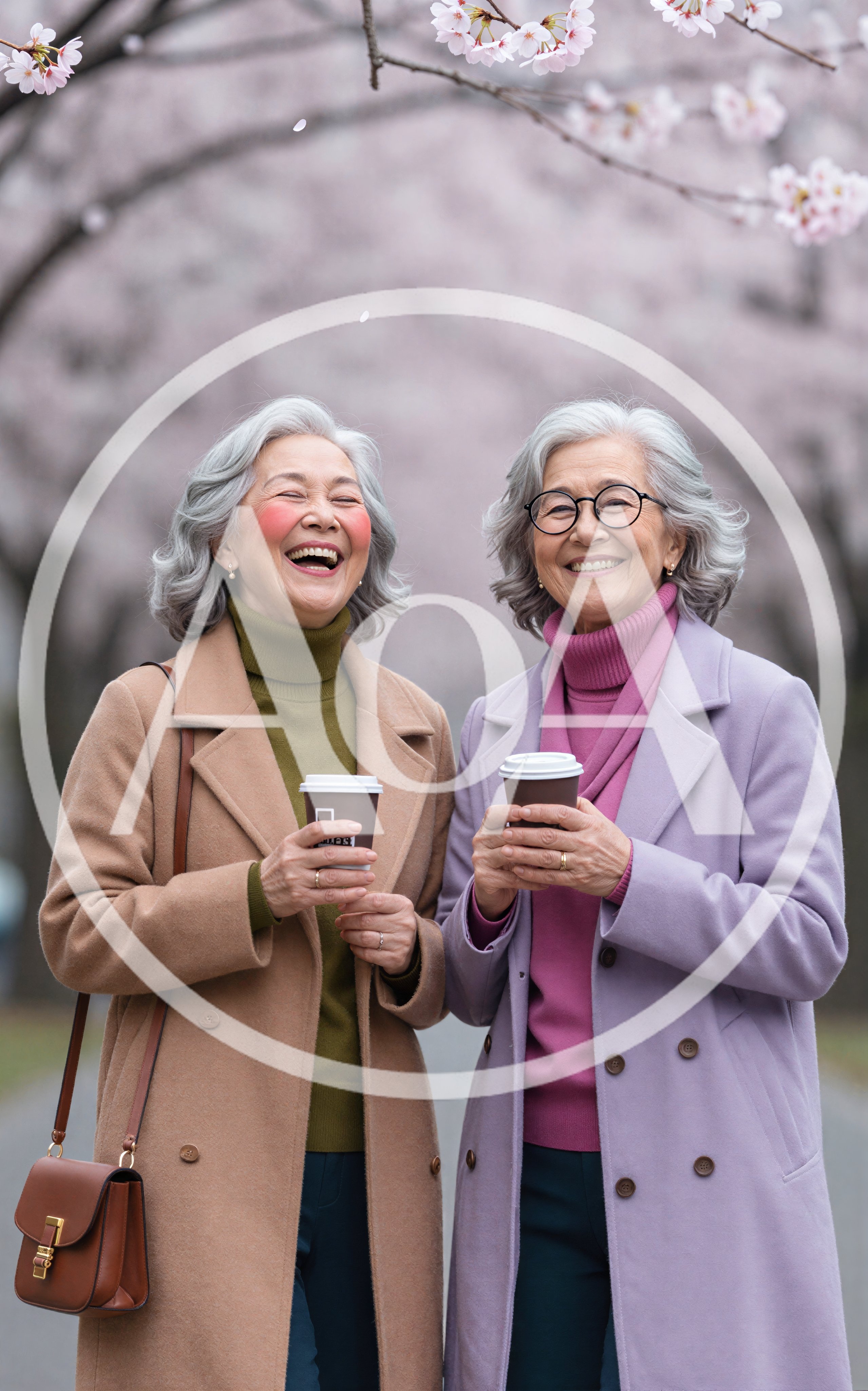 Two Senior Women Enjoying Coffee Under Cherry Blossoms