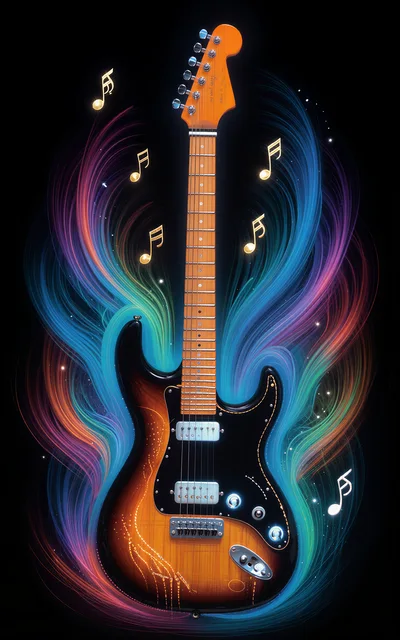 Electric Guitar With Vibrant Musical Notes And Light Trails