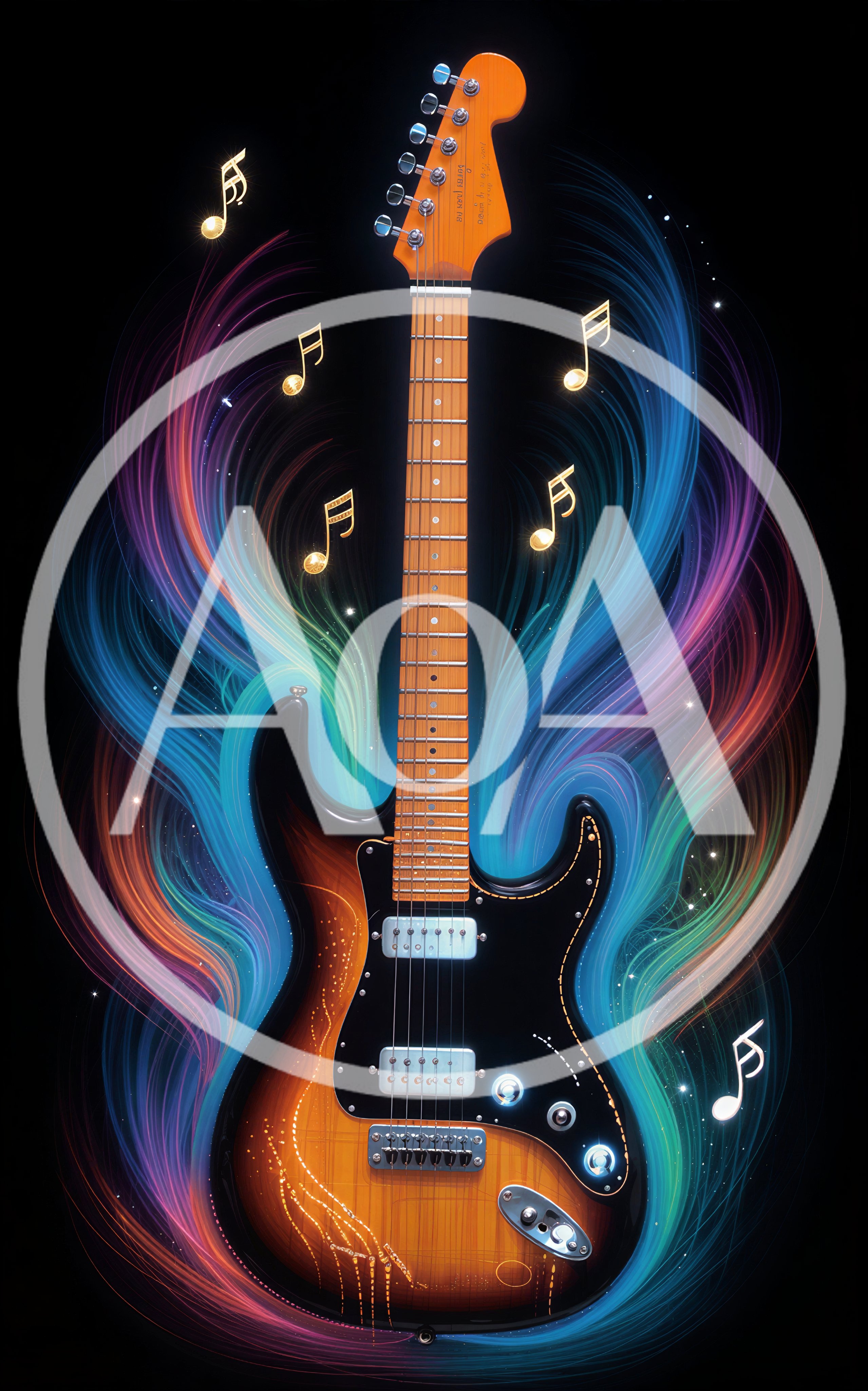 Electric Guitar With Vibrant Musical Notes And Light Trails