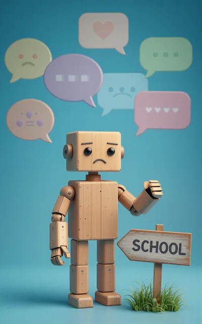 Sad Wooden Robot Standing Next To School Sign