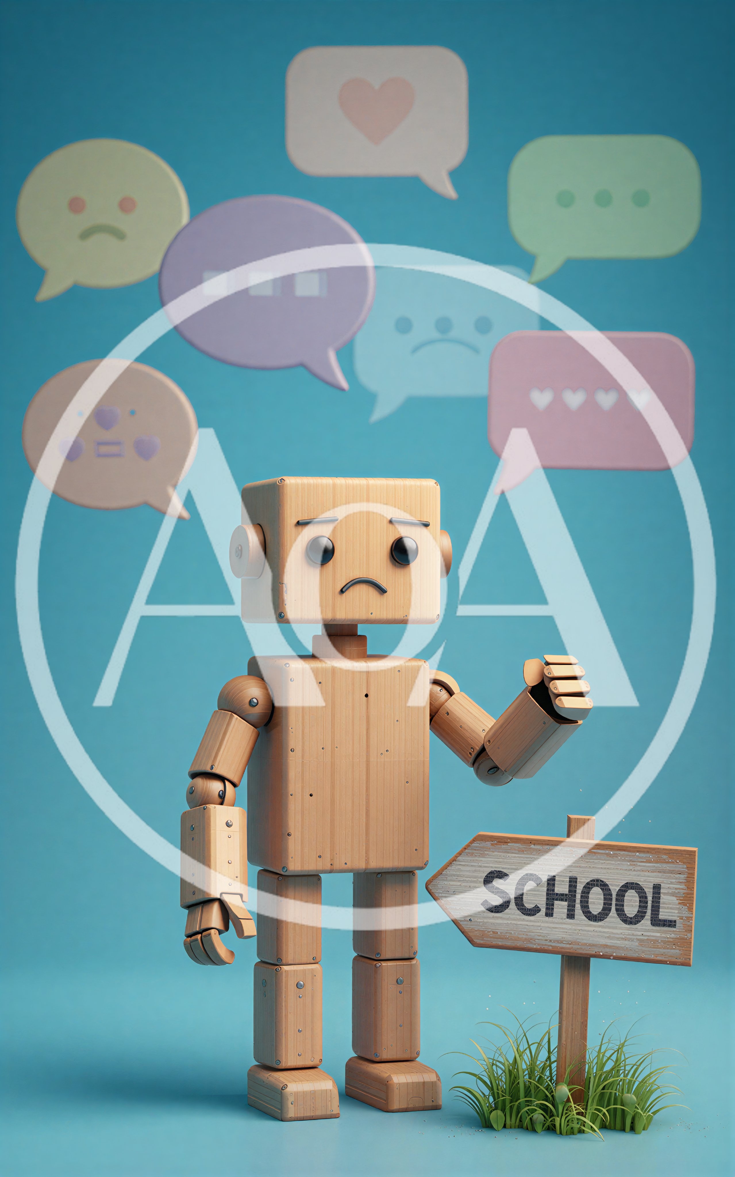 Sad Wooden Robot Standing Next To School Sign