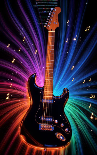 Electric Guitar Floating Amidst Vibrant Neon Light Streaks