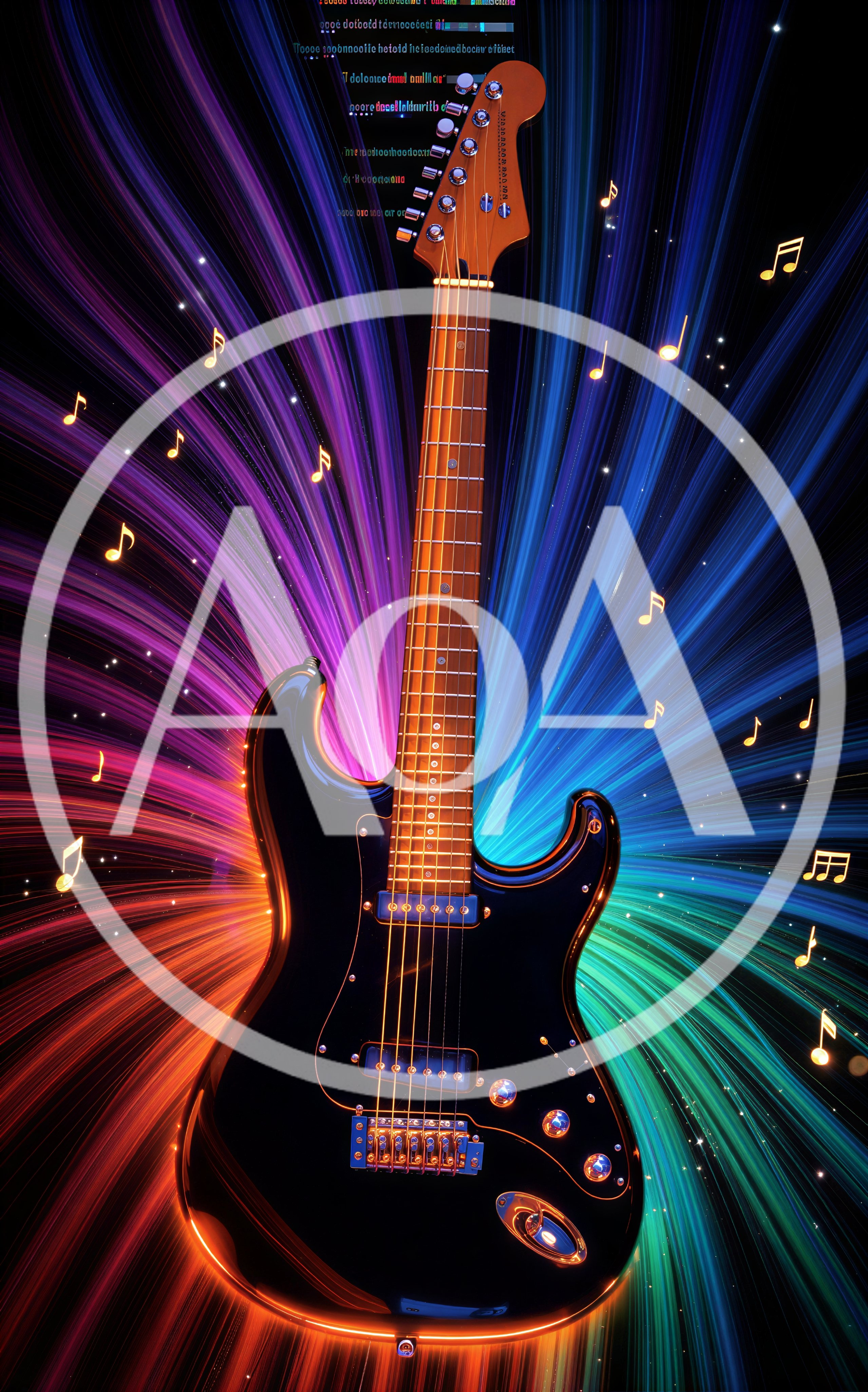 Electric Guitar Floating Amidst Vibrant Neon Light Streaks
