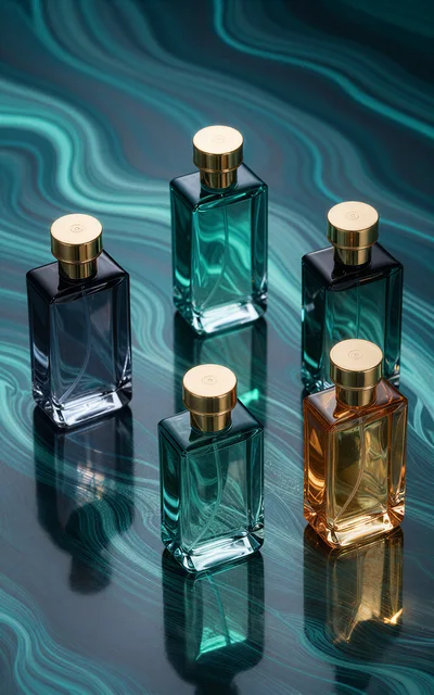 Five Luxury Perfume Bottles On A Swirling Green Surface