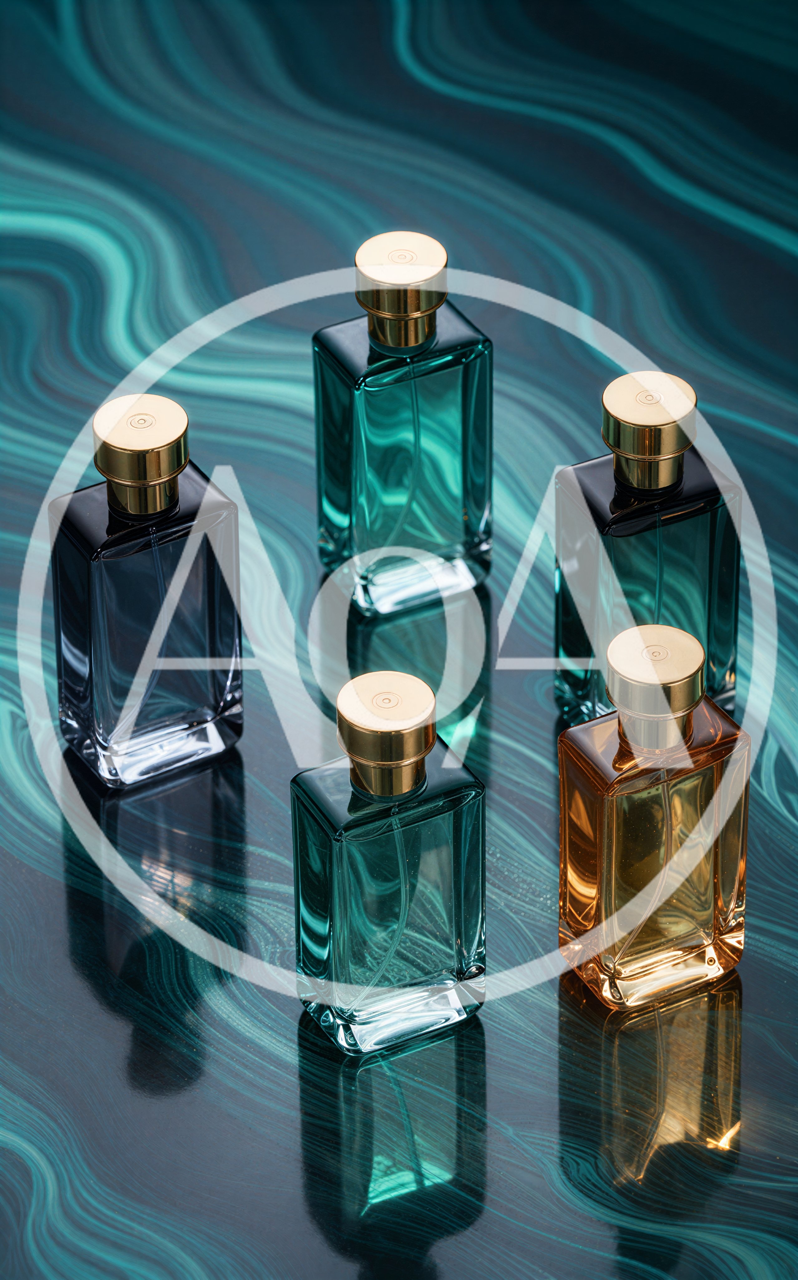 Five Luxury Perfume Bottles On A Swirling Green Surface