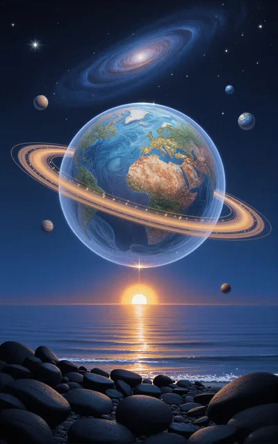 Surreal Earth Planet With Rings Above Ocean Horizon