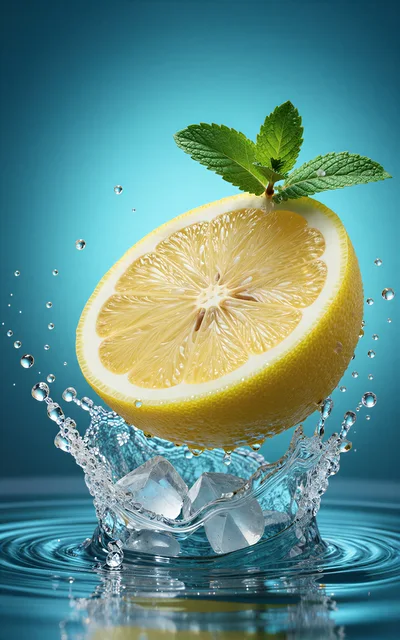 Fresh Lemon Slice Splashing Into Water With Mint