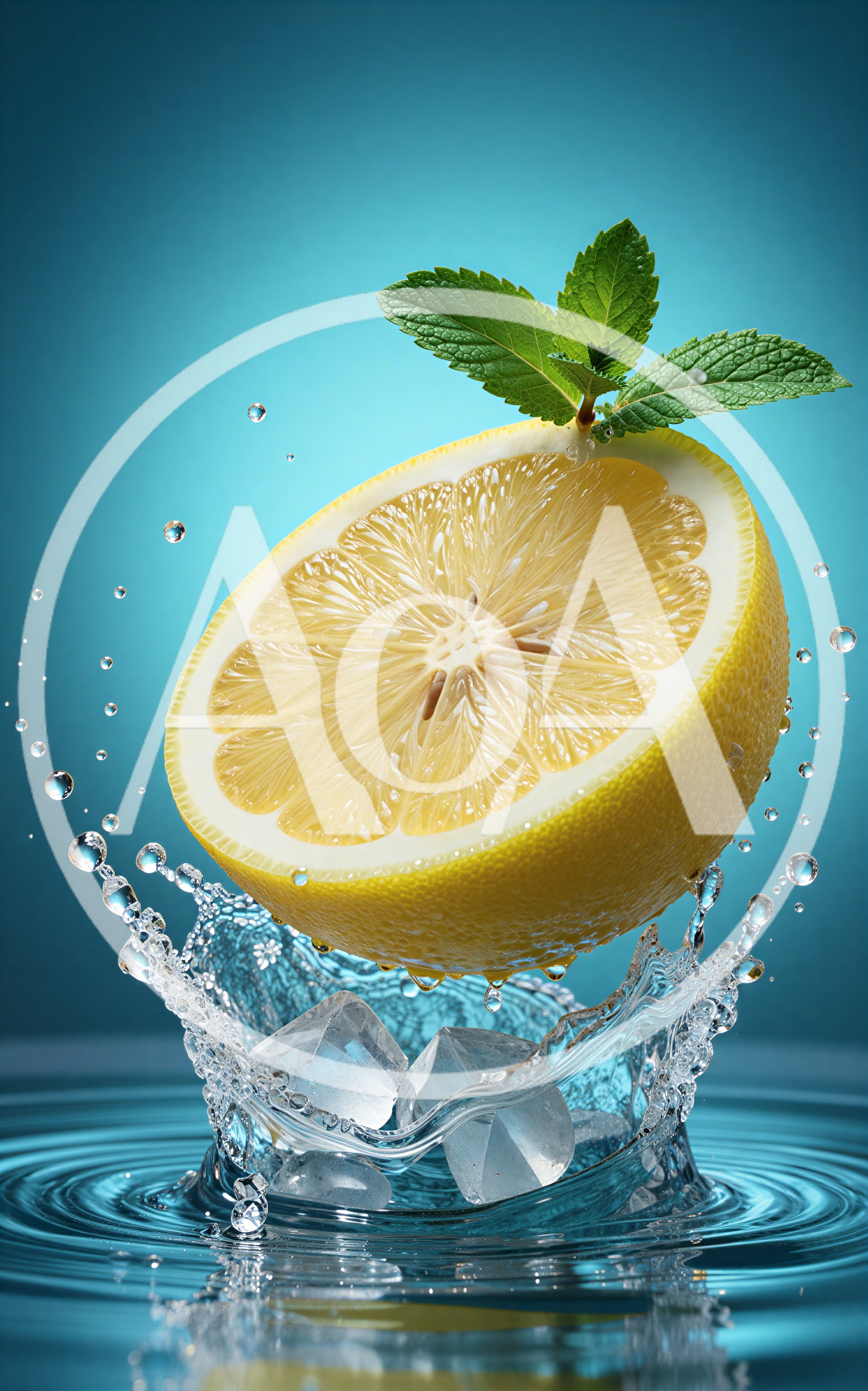Fresh Lemon Slice Splashing Into Water With Mint
