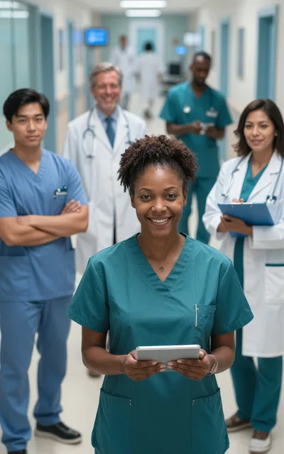 Diverse Medical Team Standing In Hospital Corridor