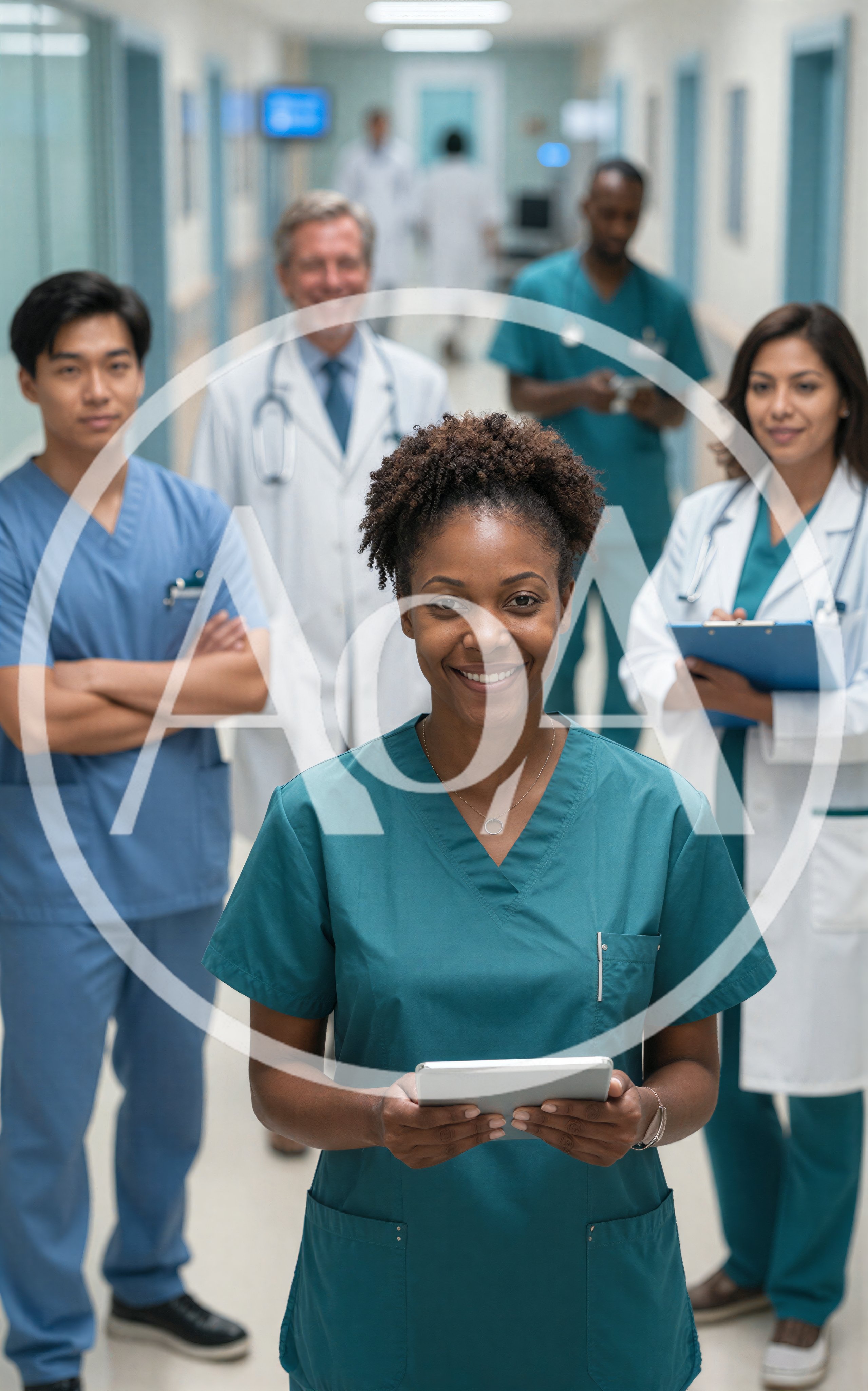 Diverse Medical Team Standing In Hospital Corridor