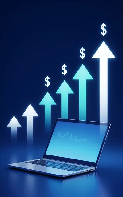 Laptop Displaying Financial Growth Charts With Rising Dollar Arrows