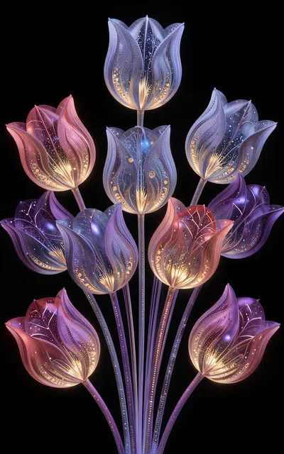 Glowing Bioluminescent Tulip Flowers On Black Background