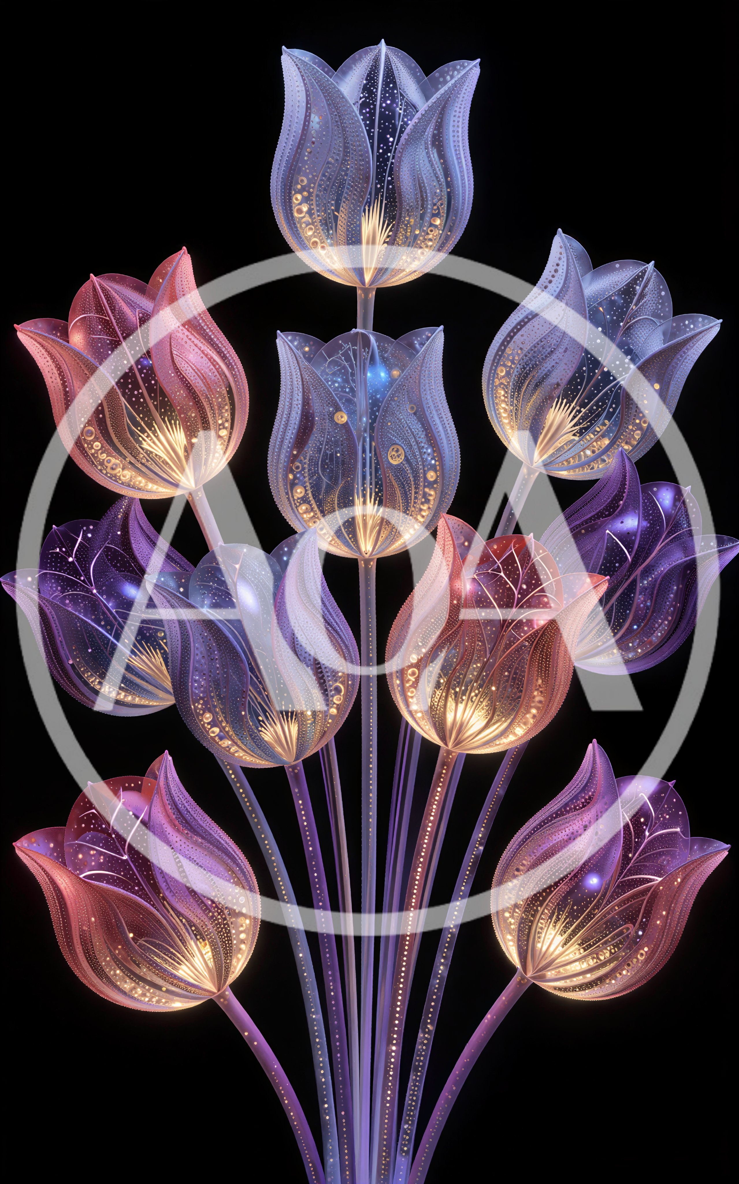 Glowing Bioluminescent Tulip Flowers On Black Background