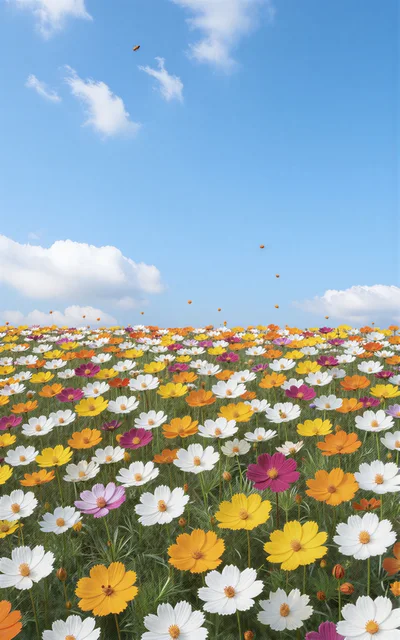Vibrant Cosmos Flower Field Under Blue Sky