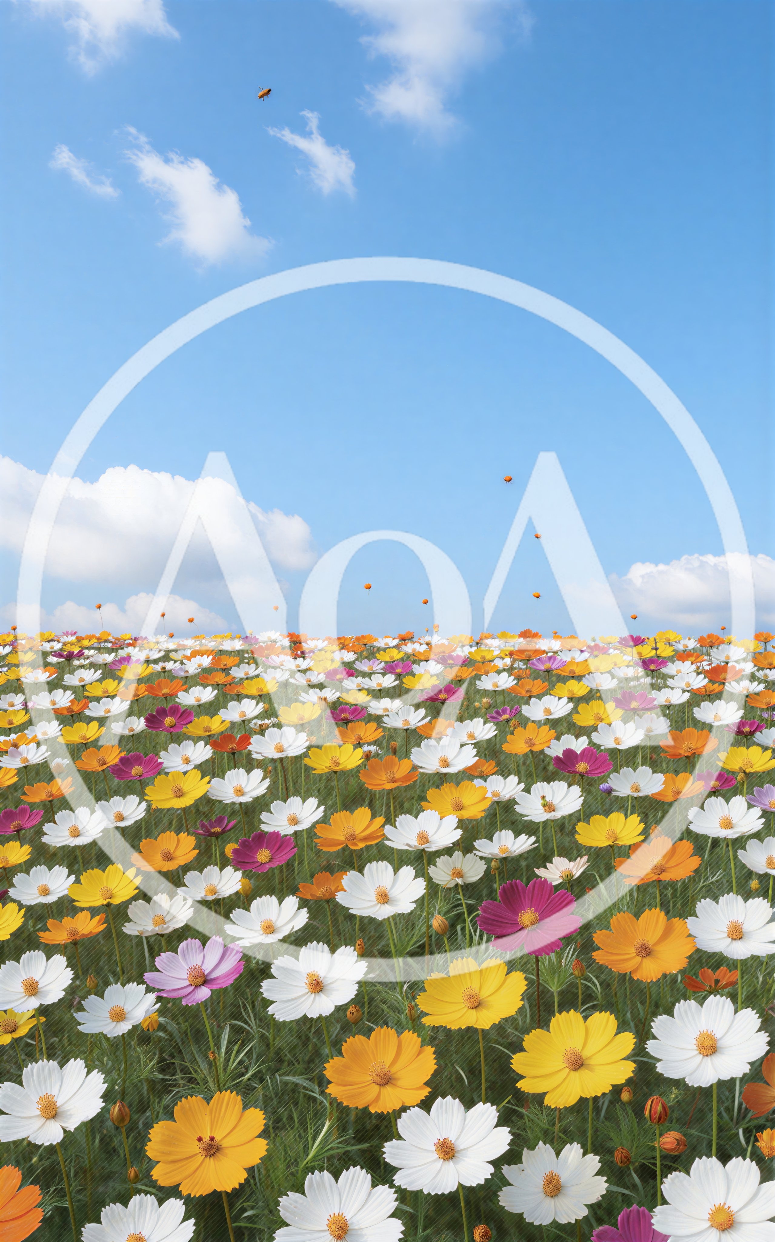 Vibrant Cosmos Flower Field Under Blue Sky