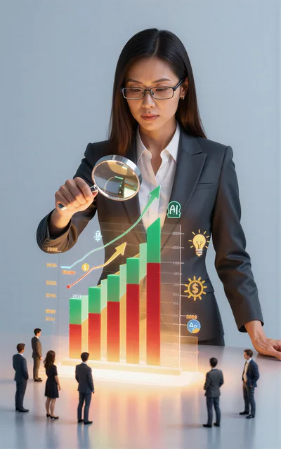 Businesswoman Examining Holographic Growth Chart With Miniature Team