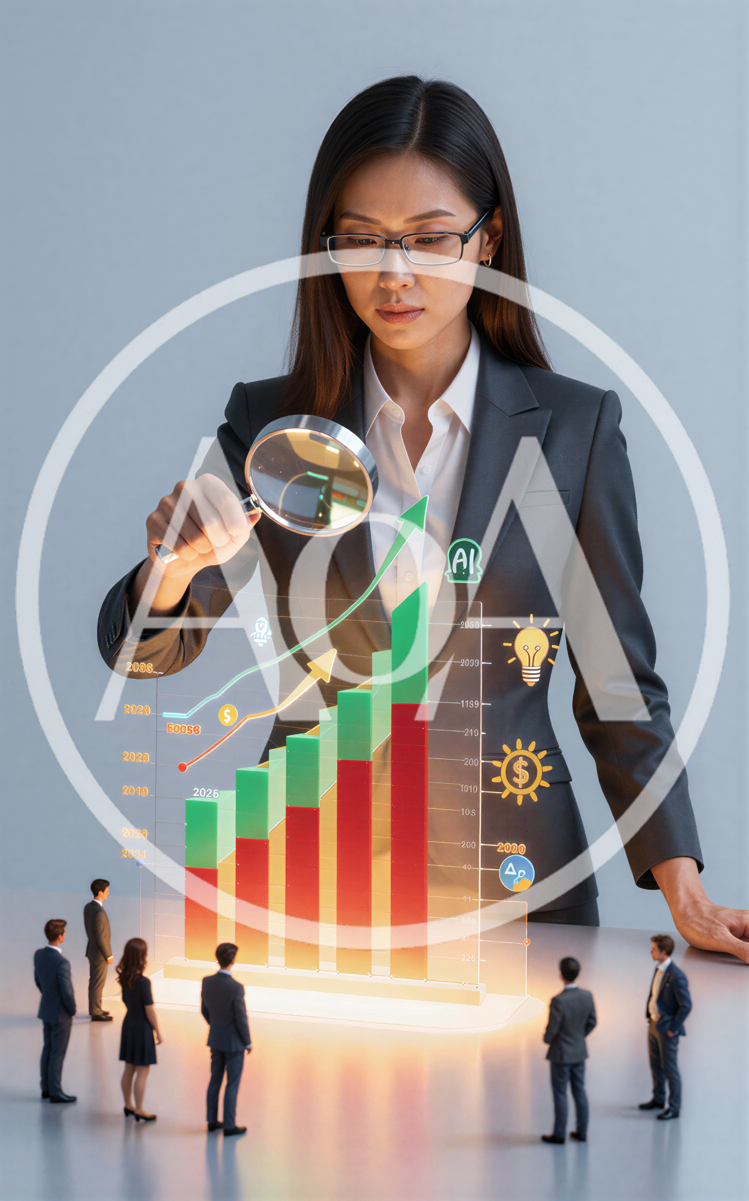Businesswoman Examining Holographic Growth Chart With Miniature Team