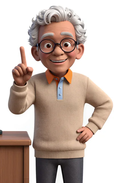3D Cartoon Elderly Man Pointing Upward