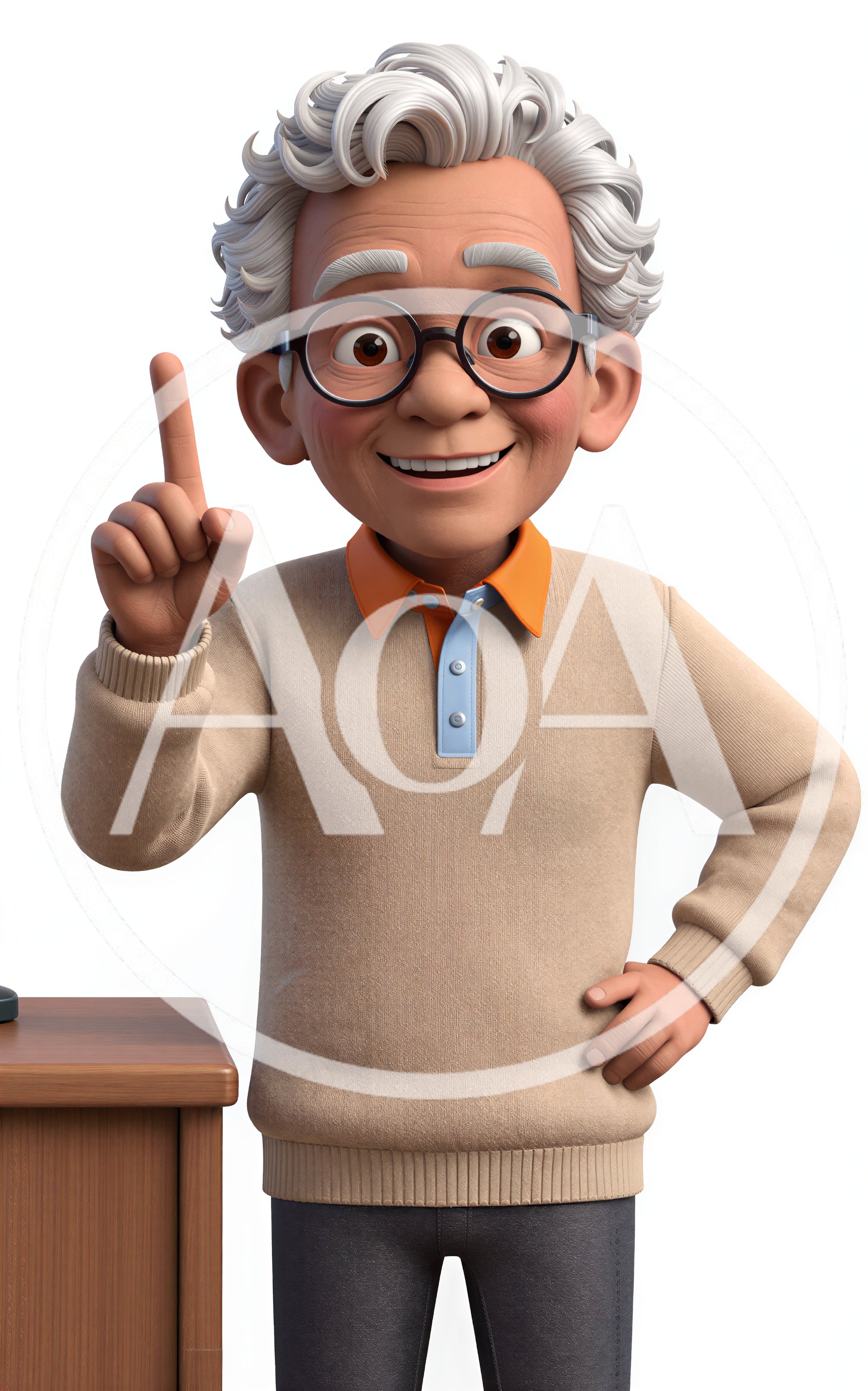3D Cartoon Elderly Man Pointing Upward