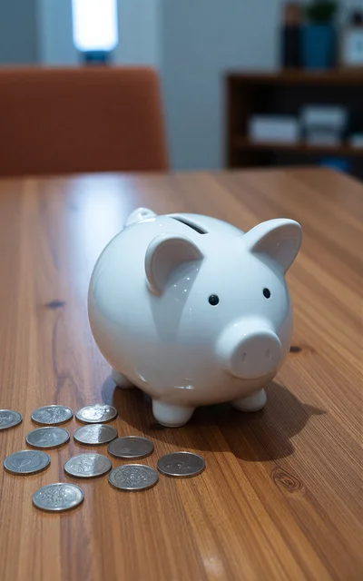 White Piggy Bank With Scattered Coins On Wooden Table