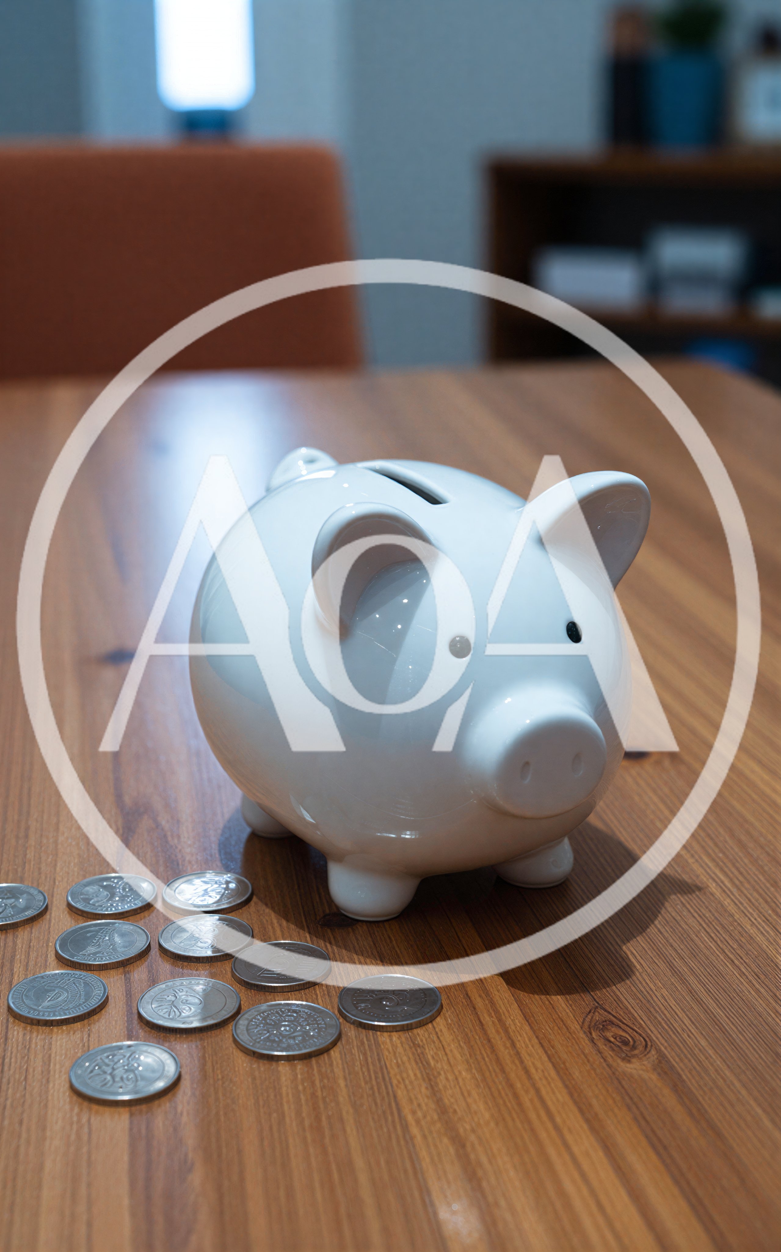 White Piggy Bank With Scattered Coins On Wooden Table