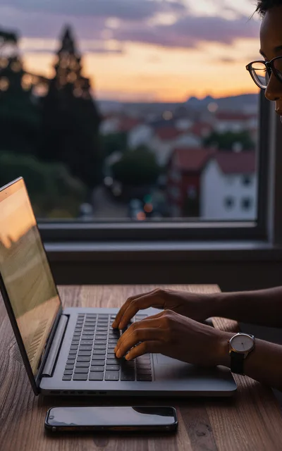 Person Working On Laptop At Sunset