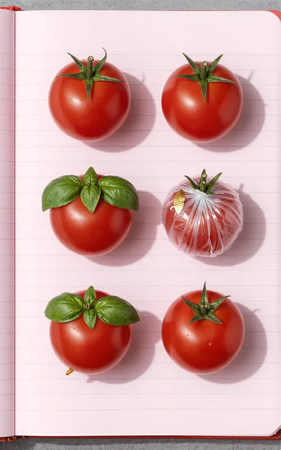 Six Fresh Tomatoes Arranged On Lined Pink Paper